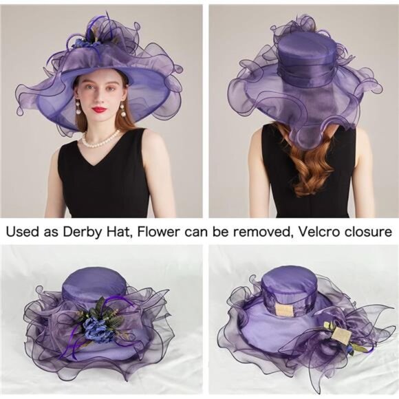 Women Organza Church Tea Party Hats Floral Purple main image 7